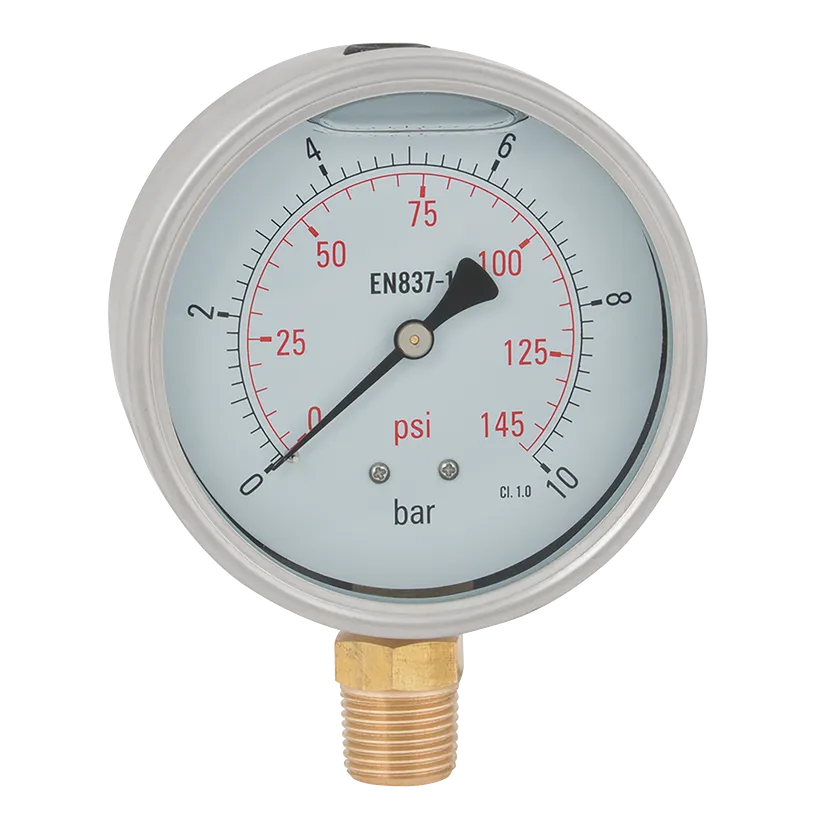 1/2" BSPT BOTTOM ENTRY 100MM DIAL PRESSURE GAUGE, SS CASE GLYCERINE FILLED 0-40
