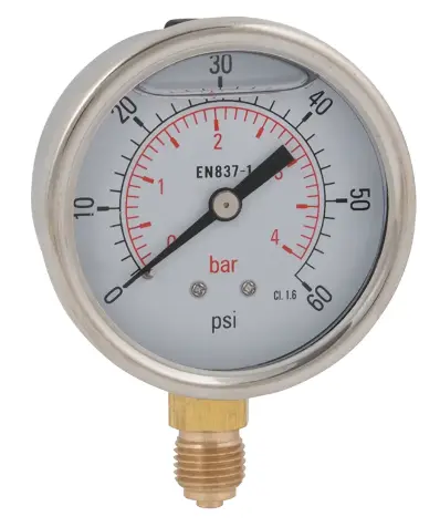 1/4" BSPP BOTTOM ENTRY, 63MM DIAL PRESSURE GAUGE, GLYC FILLED, 0-200PSI (0-12BAR)